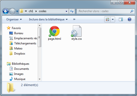 Fichiers HTML et CSS dans l'explorateur de fichiers