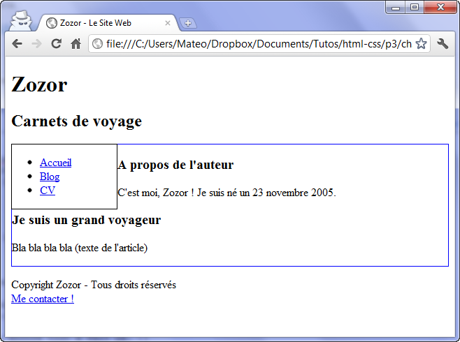 Le menu est bien positionné, mais collé au texte