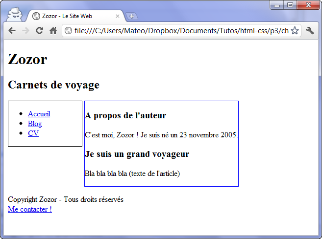 Le menu et le corps sont alignés en haut côte à côte