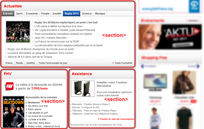 Une section de page sur le portail de Free